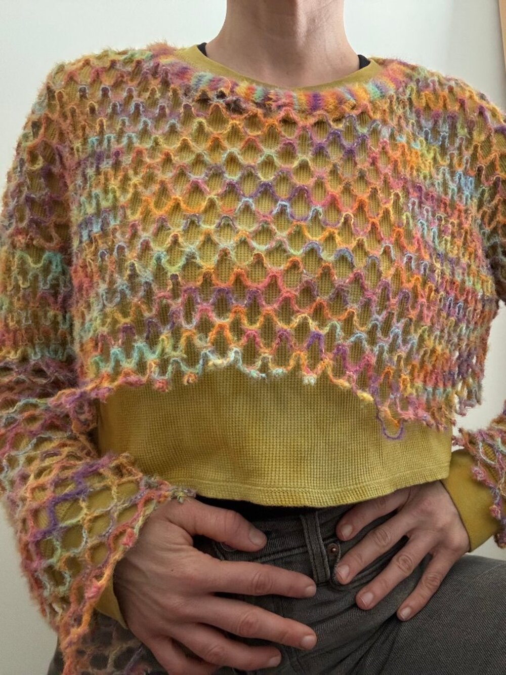 Unique rainbow diamond knit long-sleeved crop top